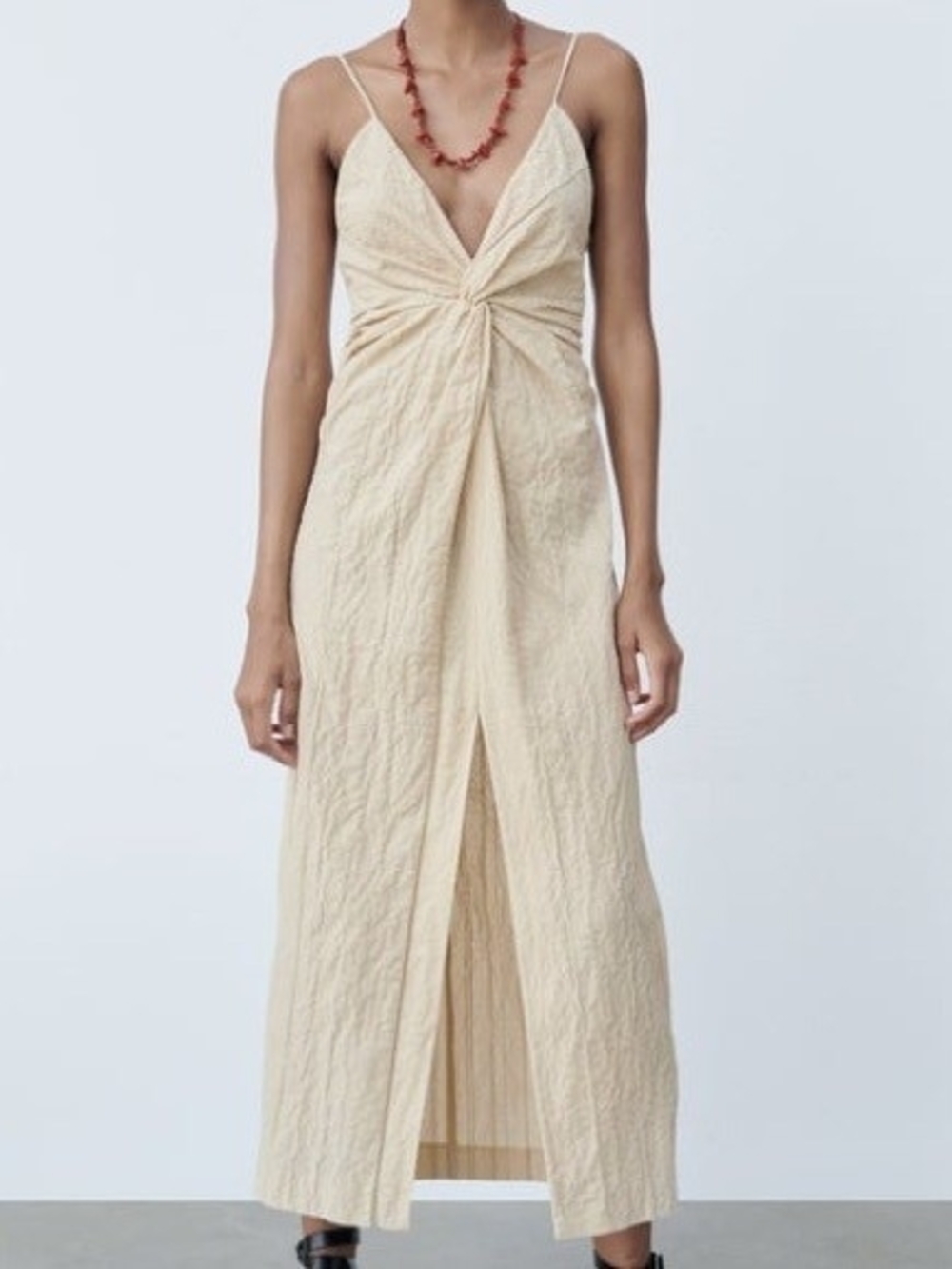 Zara Cream Twist-Front Spaghetti Strap Maxi Dress